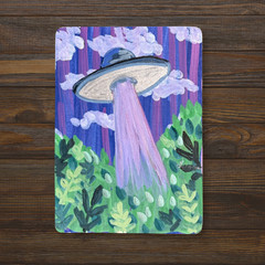 Original ACEO UFO Flying Saucer | Strange Skies | Whimsical Acrylic Doodle