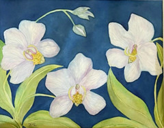 PAINTING WATERCOLOR ORCHID FLOWER BLUE PURPLE 11×14 and DOUBLE WHITE MAT 16X 20