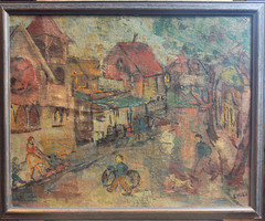 Emily Spence Attrib Modernist Misty Village Street Oil Painting Children Figures