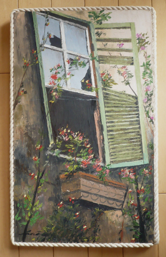 BRAZIL Brazilian VINTAGE FOLK ART, SIGNED OIL PAINTING, GARDEN WINDOW MODERN