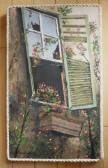 BRAZIL Brazilian VINTAGE FOLK ART, SIGNED OIL PAINTING, GARDEN WINDOW MODERN