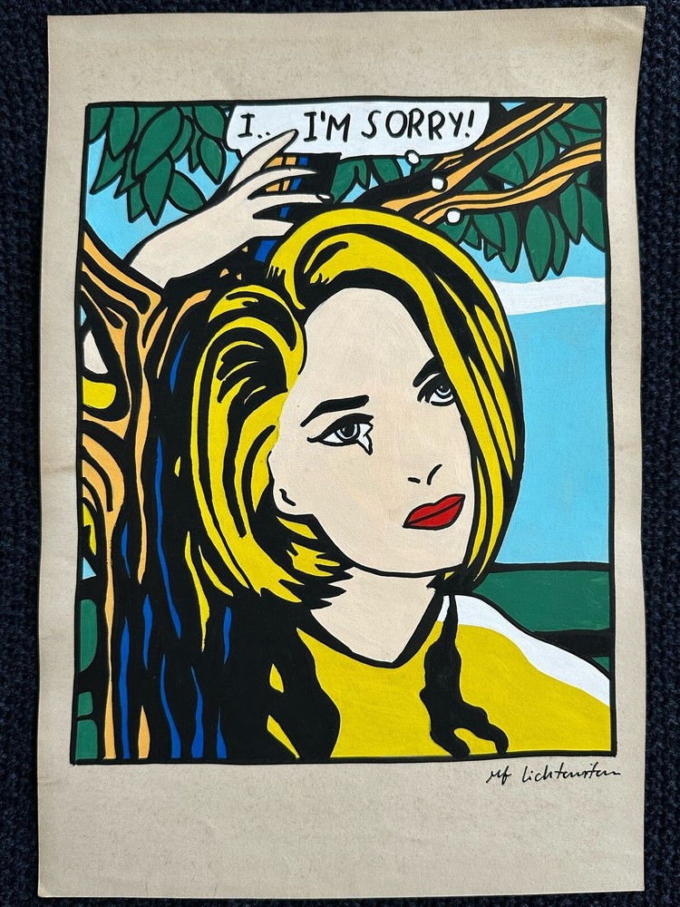 Roy Lichtenstein drawing and painting on old paper signed stamped vintage