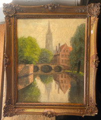 Oil Painting Church At Water Holland Belgium? Gracht Franz Block Sign City Oil