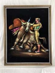 VTG Spanish Matador Bullfight Painting on Velvet Framed MCM Décor Art 37″x29″