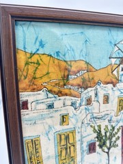 Vintage Batik Linen Painting Greek Village Style Framed Art Hand Painted 15″