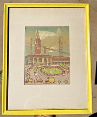 Marion Cunningham Framed Silk Screen Painting San Francisco Bridge 1945