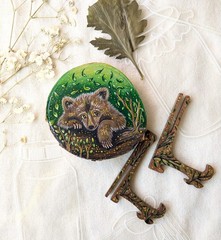 Original Two Sided Bear Cub Wood Slice Art Handmade, Forest Art, 9×8,4 cm.