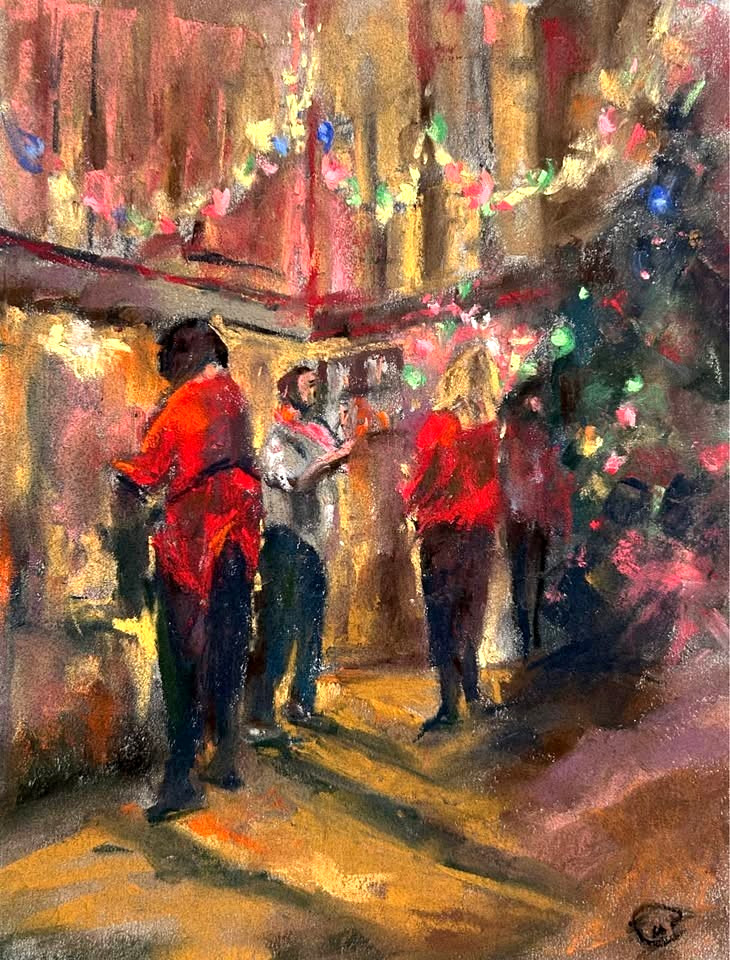 Handmade Pastel Painting, Holiday Party 9×12 Unframed Wall Art, Artist Signed