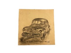 Das Auto Bleistiftzeichnung Original 1948 Antiquität Oldtimer Pappe H.S. 13x14cm