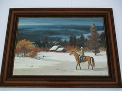 ARNOLD ABRAM SIGNED OIL PAINTING LARGE 36 INCHES WESTERN COWBOY WINTER LANDSCAPE