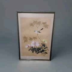 Vintage Japanese Asian silk painting, flowers bird Insects Framed 14 X 20