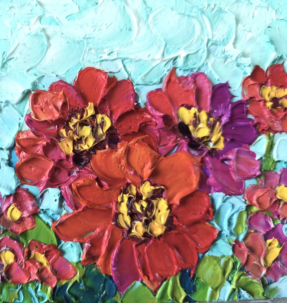 Zinnia Oil Painting Original Miniature 4×4 in Floral Impasto Signed  Art