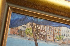 Vintage Art Painting Bicycle Pedal Flower Cart Town Square City Village Framed