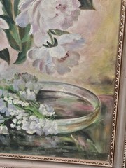 Vintage Oil Painting Floral Roses Signed Large 33.75 X 27.5 White Pink Green