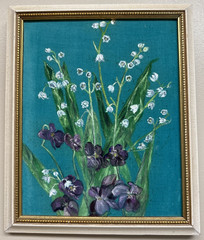 2 Vintage 70s Velvet Floral Painting Daisies, Pansies, Spring Flower 12.5”x10.5”