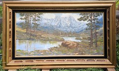 Massive 1970s Mountain Landscape Acrylic Painting Couch Size Gold Wood Framed