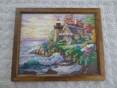 Framed LIGHTHOUSE COTTAGE SPRING SCENE Paint By Number PAINTING – 22″ x 18-1/4″