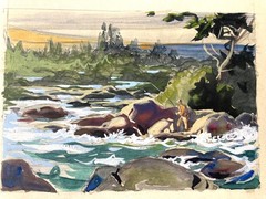 ORIGINAL 1949 LOUIS DARLING WATERCOLOR PAINTING “FLY FISHING THE RAPIDS”