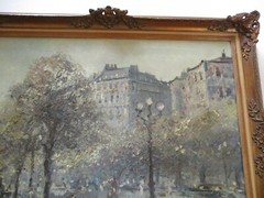 HANS JORG WAGNER LARGE IMPRESSIONIST PAINTING STREET SCENE CAFE FIGURES OLD CAR