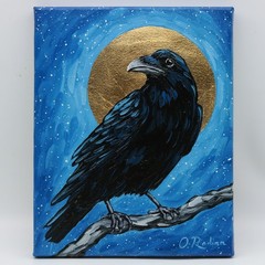 Original Oil Painting Raven, Crow Gold Moon, Black Bird Art on Canvas 8×10 inch.
