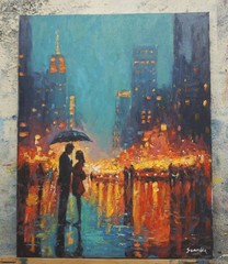 Sean Wu, Original 16×20″ oil on stretched canvas , Together Under the Rain