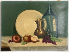 Vintage Original Oil Painting Still Life Fruit Wine Grapes Signed 1971 9 X 12″