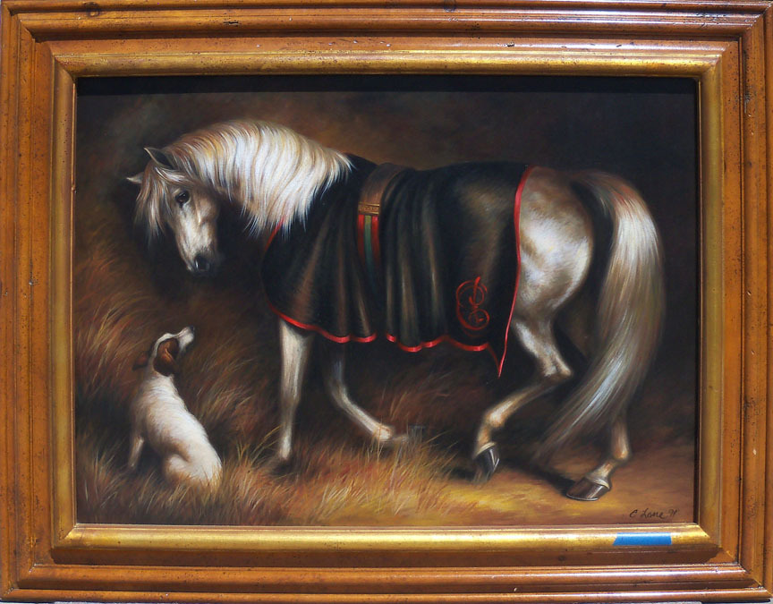 Elaine Vollherbst (Lane) Original Oil Painting on Canvas Framed Horse and Dog