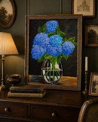 Blue Hydrangeas Painting Framed Floral Wall Art Cottage Decor 20×16