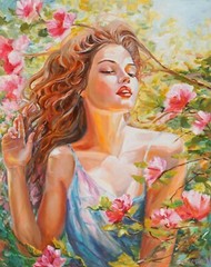GORGEOUS ORIGINAL FRAMED OIL PAINTING BEAUTIFUL YOUNG GIRL WOMAN SUMMER FLOWERS