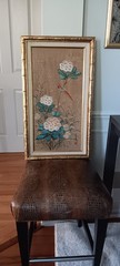 Asian Watercolor Painting Cork Paper Bird / Floral Bamboo Frame Signed 16 x 28