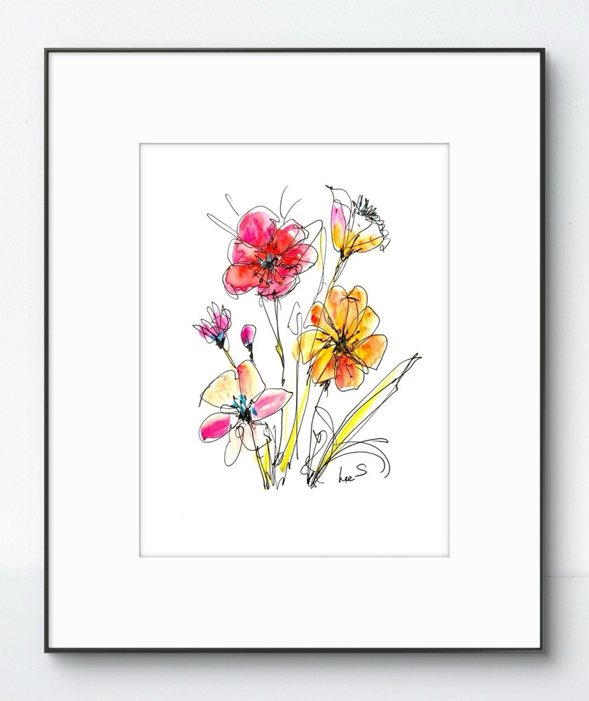 Original Abstract Expressionism 9X12 Orange Flowers Paper Ink Handmade Signed 13