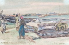 Fishing Village Ceylon Sri Lanka Pastel Painting Vintage 8×5.25 in F.D Todman