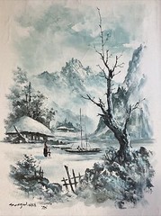 1970’s Suh Jin Hee Framed Oil Painting Winter Scene Boat Choga Hanok House
