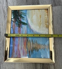 Original Signed Tropical Beach Sunset Painting Palm Tree Coastal Art Gold Frame