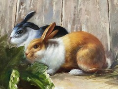 Vintage Original Bunny Painting with Heavy Ornate Gold Wood frame Art16x12