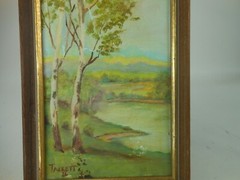 1976 Tackett Oil Painting Trees River Bank 17 1/2″ x 7″
