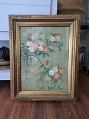 Bird And Flowers Painting On Cork Chinese Watercolor Signed Art 11.5×15.5