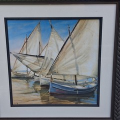 “Violet Boat” By Juame Laporte Sailboat, Seascape, Realism, Blue, Tan, cream
