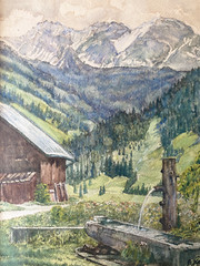 Watercolor on cardboard alpine landscape farmhouse A. Kreissel ’77 vintage