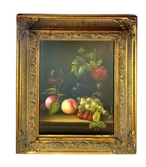 Painting Floral and Fruit Oil on Board Vintage Still Life Classic Art Decor