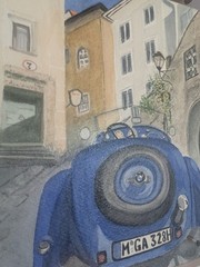 BMW Roadster Car ORIGINAL Small Watercolor Painting 8″ x 8″ Exploring Austria