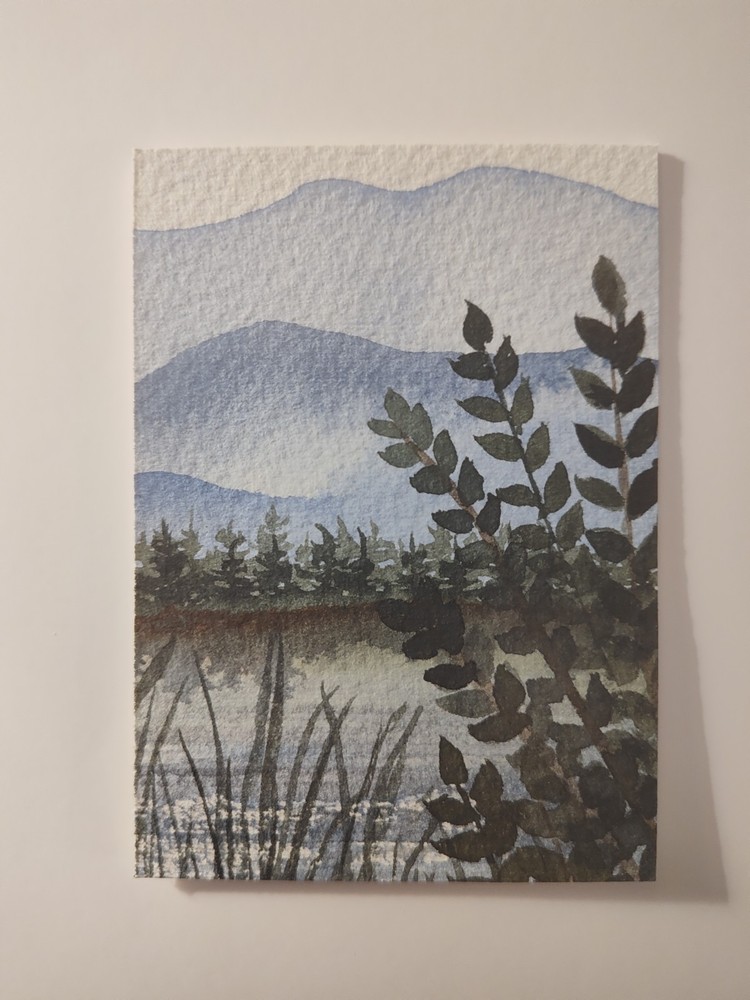 Small Watercolor Landscape Painting Mountains Lake Plants Unframed