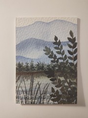 Small Watercolor Landscape Painting Mountains Lake Plants Unframed