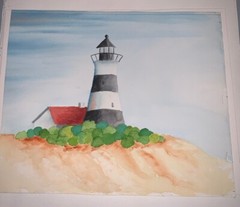 VTG Striped Lighthouse Nautical Beach Watercolor Unsigned Unframed 11”T 13.25”W