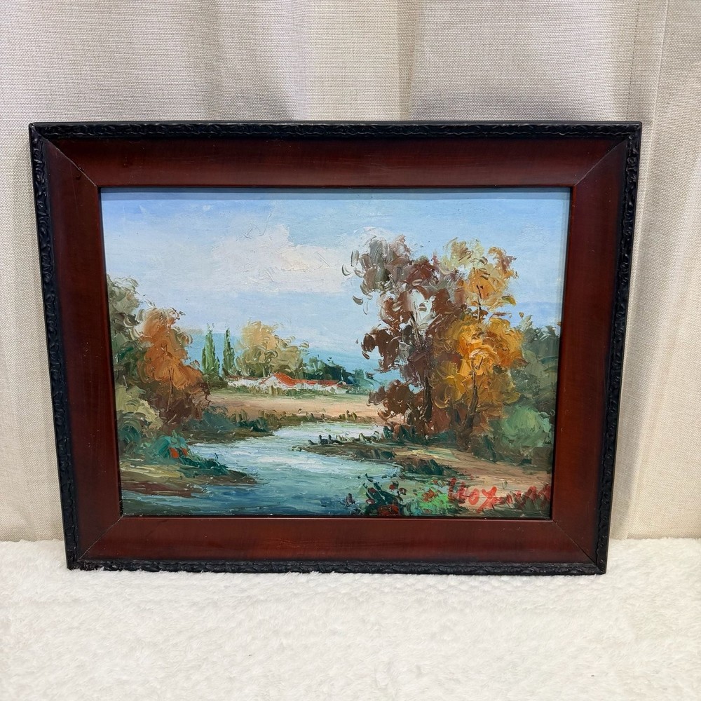 Vintage Impressionist Landscape Oil Painting on Canvas with Autumn River Scene