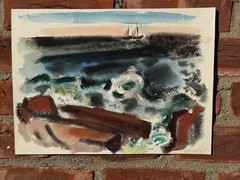 Michigan Artist Harry Glassgold Signed Watercolor. Sailing On Great Lakes. 1947