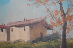 VINTAGE 1940-50’S FRAMED ORIGINAL OIL RUSTIC HOUSE AND RIVER SCENE ARTIST: FARID