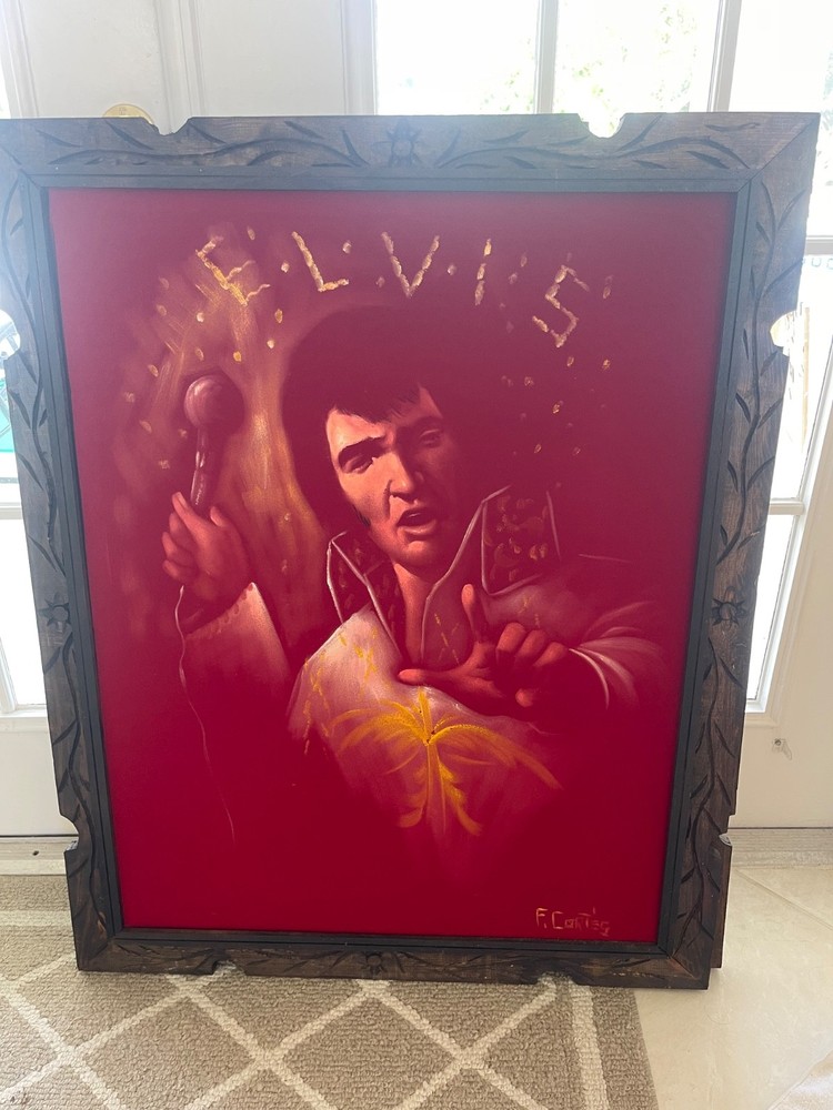 Vintage 70s ELVIS Red Velvet Painting Picture 39 x 29 Wooden Framed Mexico
