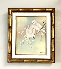 Fabulous Vintage SIGNED Original WHITE COCKATIELS Tropical Birds FRAMED Sky Blue