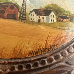 Vintage Miniature Oil Painting 3”x4” Signed Carved Wood Oval M Whitaker Farm